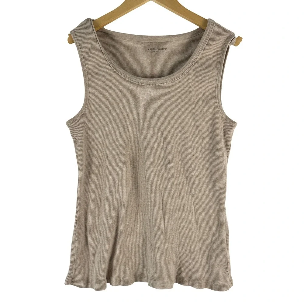 Laura Scott Womens Ribbed Knit Tank Top Size L Beige‎ Scalloped Basic Layering
